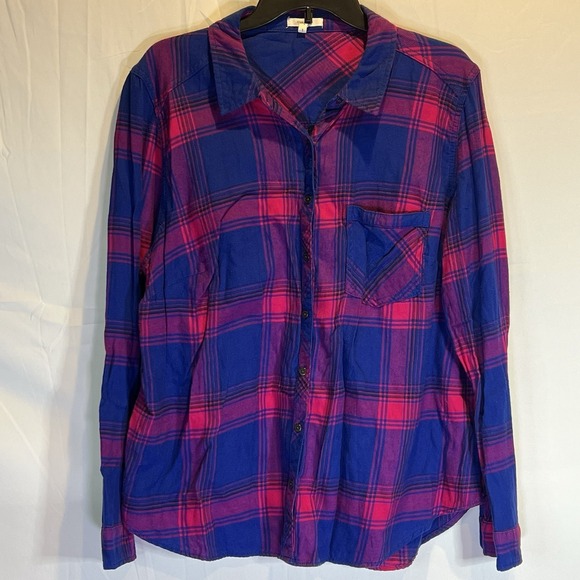 Maurices Size 1 Cabin Plaid‎ Boyfriend Tunic Shirt Long Sleeve Purple Pink Blue - Picture 1 of 6
